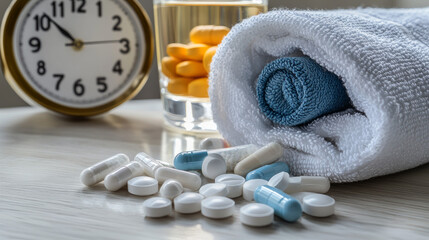 The white pills and vitamin E capsules were poured from two unbranded pill bottles. On the table there is a glass of water, cloth towel and an alarm clock. Mockup for advertising with medicine theme.
