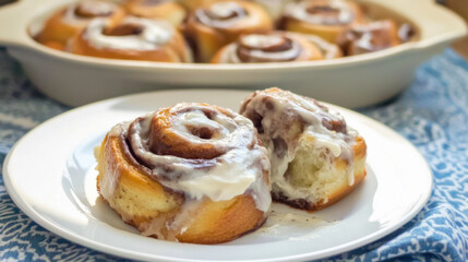 Homemade cinnamon rolls baked in a blue dish with sweet cream cheese frosting served on a white plate