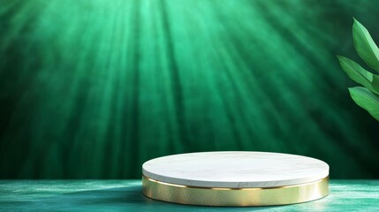 Elegant Marble and Gold Display Stand - A pristine white marble platform with a gold base, set against a rich green backdrop. Perfect for showcasing products or branding