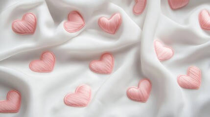 Delicate pink hearts embroidered on soft white fabric background