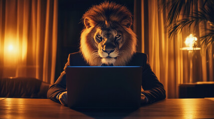 Sophisticated lion businessman working on laptop in stylish office with ambient lighting