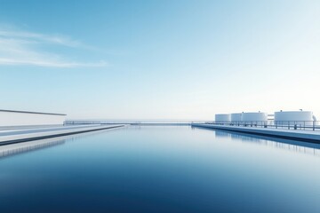 vast water treatment plant with minimalistic architectural design and abundant copy space in background focusing on