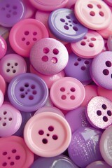 Colorful array of pink and purple buttons for sewing and crafts
