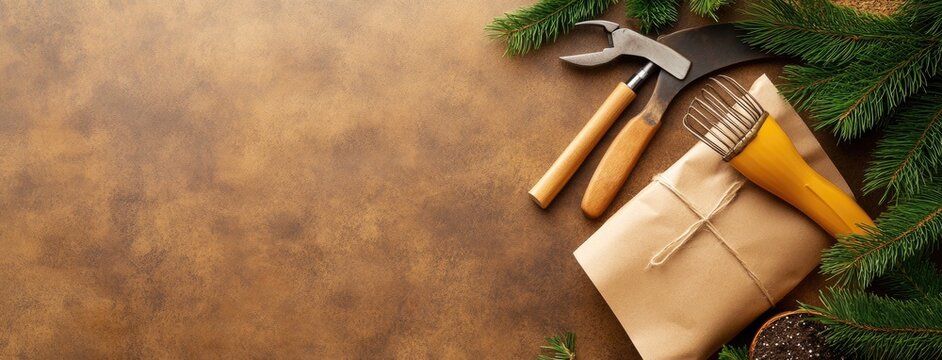 Gardening tools and healthy seedlings are beautifully arranged on a yellow background, inviting creativity for text or design