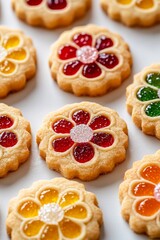 Vibrant flower-shaped jam cookies on white background with colorful toppings