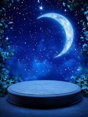Obraz premium Night Sky Stage with Crescent Moon - A serene featuring a circular stage set against a backdrop of a night sky, adorned with a crescent moon and stars. Ideal for product displays or fantasy themes