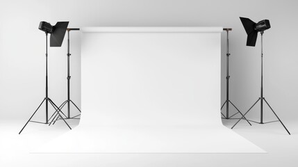 Empty photo studio setup with lights and white backdrop ready for a professional photoshoot.