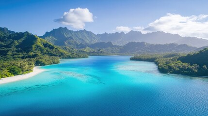 Fototapeta premium aerial view of turquoise lagoon surrounded by white sandy beaches and palm trees