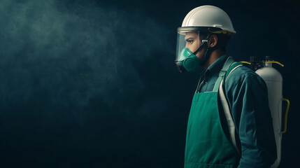 Naklejka premium Protective Measures: A dedicated worker in a safety helmet and respirator, prepares to sanitize an environment.