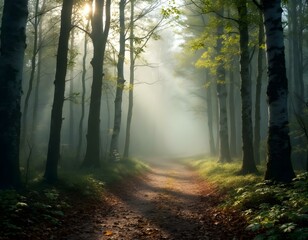 Naklejka premium A mysterious foggy forest path with tall, dark trees and soft sunlight breaking through the mist