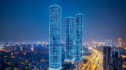 Obraz premium Night cityscape showcasing three illuminated skyscrapers, vibrant city lights, and a network of roads.