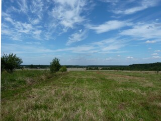 A wide open field stretches across the landscape, dotted with patches of grass and sparse trees. The sky is clear with a mix of clouds, reflecting a peaceful afternoon.