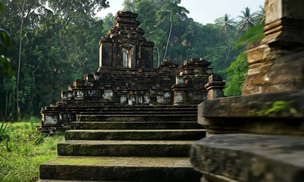 A stunning close-up of time-worn temple steps amidst lush greenery, showcasing intricate carvings, natural beauty, and the harmony of ancient architecture with nature.