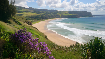 Coastal Beachscape with Rolling Waves and Hillside Vegetation