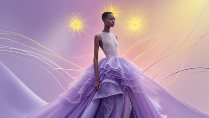 Fototapeta premium Elegant Woman in Lavender Gown with Decorative Stars on Dreamy Background Fashion Portrait