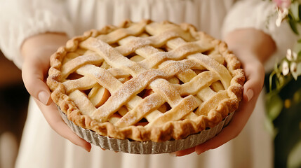 Person Holding Baked Apple Pie with Lattice Crust
