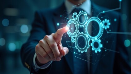 Fototapeta premium Automation of business or robotic process RPA technology. Transfer of data between application. Businessman touching gears icon on network connection