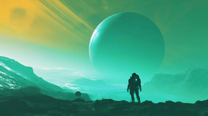 Mystical wanderer explores an alien world under giant planets and vibrant celestial skies