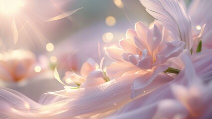 Pink Flowers and Feathers Floating Gently with Bokeh Lights in Dreamy Soft Focus