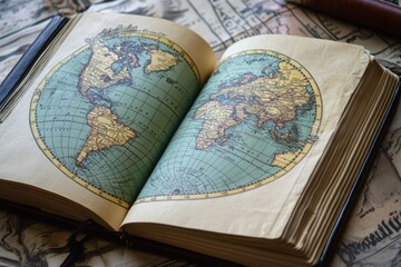 Vintage Map of the World in Open Book on Antique Table Surface