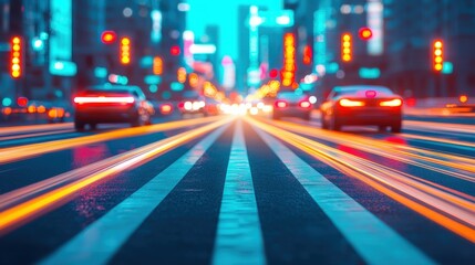Obraz premium A vibrant city street scene at night, showcasing illuminated traffic lights and moving cars with a dynamic, blurred effect.