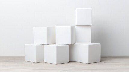 Obraz premium Minimalist white cubes stacked on a wooden floor against a white background, showcasing simplicity and balance.