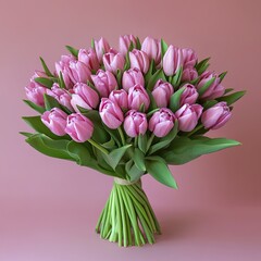 Obraz premium Bouquet of pink tulips on a pink background. copy space.