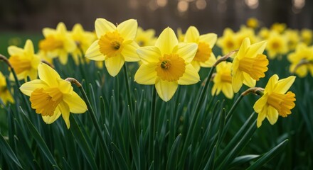 Fototapeta premium Vibrant yellow daffodils blooming in spring garden