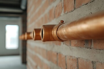 Copper pipes installed along a brick wall in modern interior space during renovation