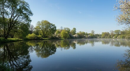 Obraz premium Tranquil spring lake with lush green trees and clear blue sky reflection