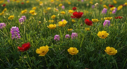 Obraz premium Vibrant wildflower meadow with red, yellow, and purple blooms in sunlight