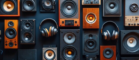 A vibrant collection of vintage audio speakers and headphones against a dark wall