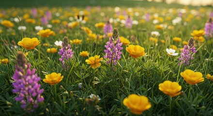 Obraz premium Vibrant wildflower meadow at sunset with yellow and purple blooms