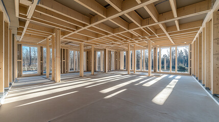 Naklejka premium Interior view of a wood-framed house under construction, featuring exposed studs and beams. Sunlight streams through window openings, casting shadows.