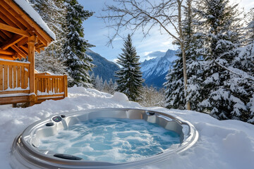 Cozy winter hot tub surrounded by snow with a log cabin and mountain views, providing warmth and relaxation