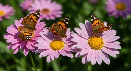 Obraz premium Painted lady butterflies on pink daisies in a vibrant garden setting