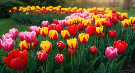 Vibrant spring tulips in bloom at sunset in lush garden setting