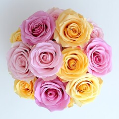 Fototapeta premium roses in a bouquet on a white background, round flower arrangement, top view as a gift for an anniversary. pink, yellow roses.