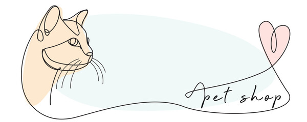 Line Art Cat Portrait. Doodle Continuous Curve Outline Drawn Pet Shop or Veterinary Clinic Advertising Banner Background Template. Editable Thin Vector Stroke Silhouette. Domestic Pet Animal Care and 