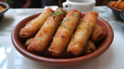 Crispy Vegetable Spring Rolls in a Bowl - Delicious fried spring rolls filled with fresh vegetables, a savory snack, perfect appetizer, light and crispy texture, healthy and flavorful