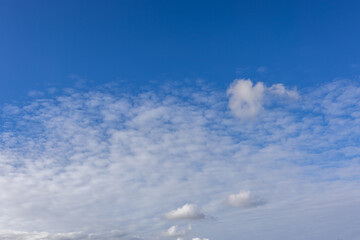 Bright blue sky with fluffy clouds drifting slowly. The contrast between the blue and white creates a tranquil and refreshing atmosphere, evoking peace and freedom