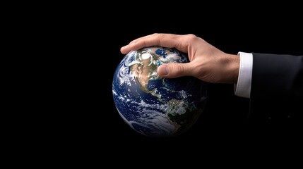 A hand interacts with a hologram displaying a global network and financial data, illustrating advanced technology in business