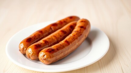 Macro Close up of Juicy Breakfast Sausage Links on a White Plate
