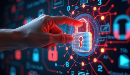 Fototapeta premium A futuristic digital concept of cybersecurity and data protection featuring a glowing neon padlock hologram on a high-tech interface