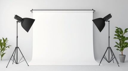 Photography studio setup with lighting equipment and backdrop for professional shoots.
