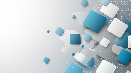 Abstract background with scattered blue and white cubes on a gradient background Abstract background with blue and white cubes, sparkling particles, and copy space.