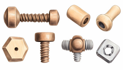 Wooden and metal screws, bolts, and nuts isolated.  Educational toy components
