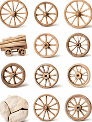 Fototapeta premium Wooden wagon wheels, cart, stone; craft, hobby background