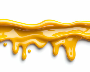 Yellow liquid flowing, dripping, white background, food design