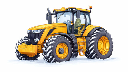 Fototapeta premium Yellow tractor in snowy field, winter farming